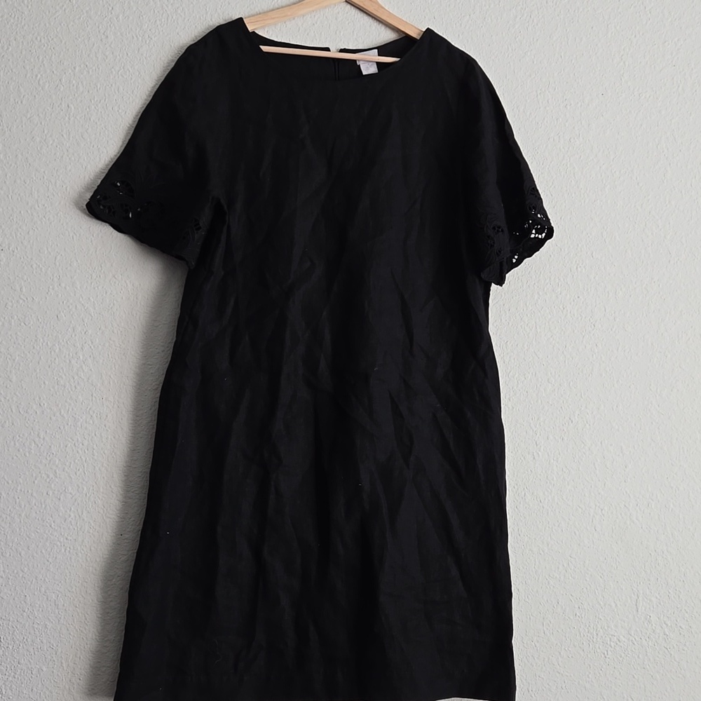 Chico's Black Embroidered Flutter Sleeve 100% Linen Short Dress Size 16 - Picture 3 of 11